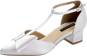 ERIJUNOR Bow Shoes Comfortable Chunky Low Heels for Women Pointy Toe T-Strap Evening Wedding Satin Shoes