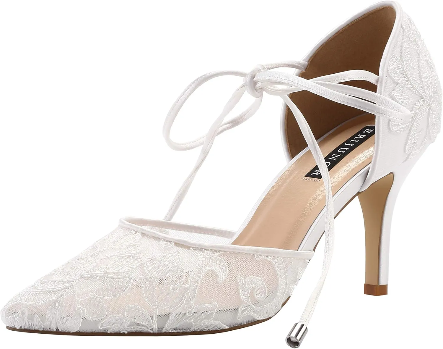 ERIJUNOR Ivory Lace Mesh Satin Bridal Wedding Shoes for Women Comfortable Mid Heel Tie Up Ankle Strap Pointy Toe Pumps