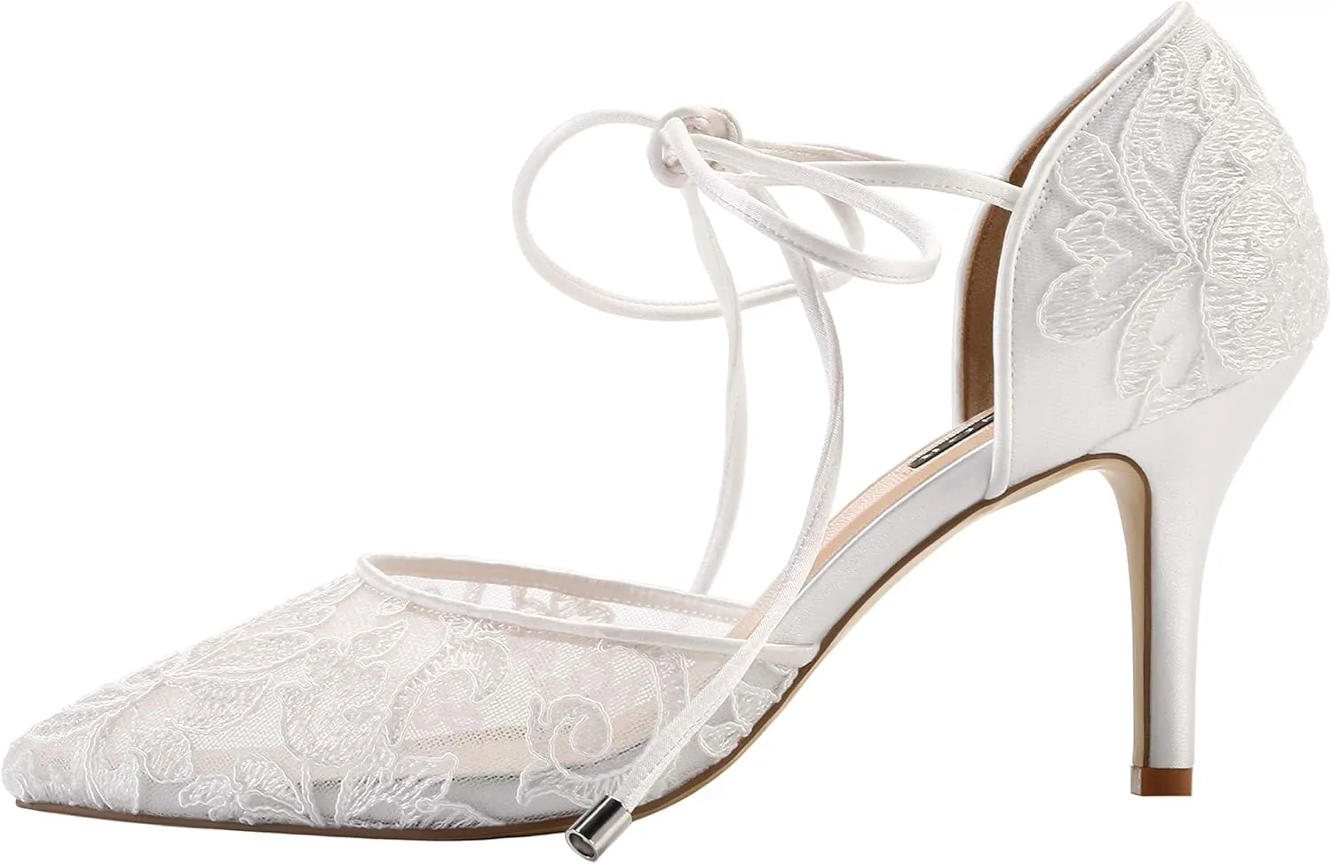 ERIJUNOR Ivory Lace Mesh Satin Bridal Wedding Shoes for Women Comfortable Mid Heel Tie Up Ankle Strap Pointy Toe Pumps