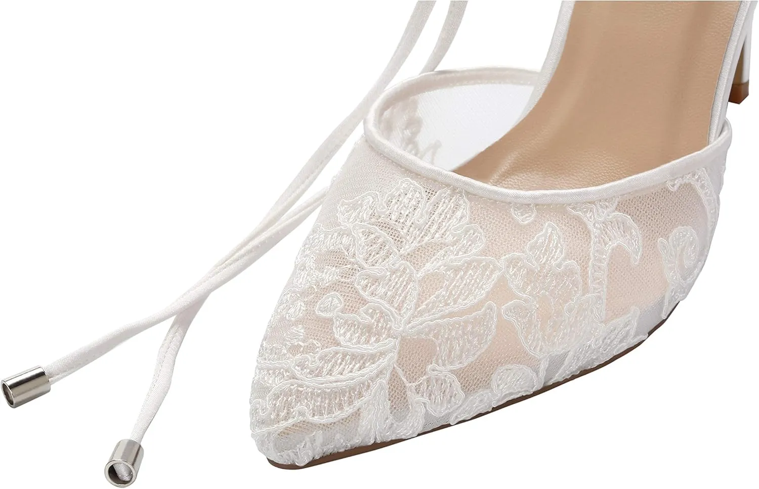 ERIJUNOR Ivory Lace Mesh Satin Bridal Wedding Shoes for Women Comfortable Mid Heel Tie Up Ankle Strap Pointy Toe Pumps