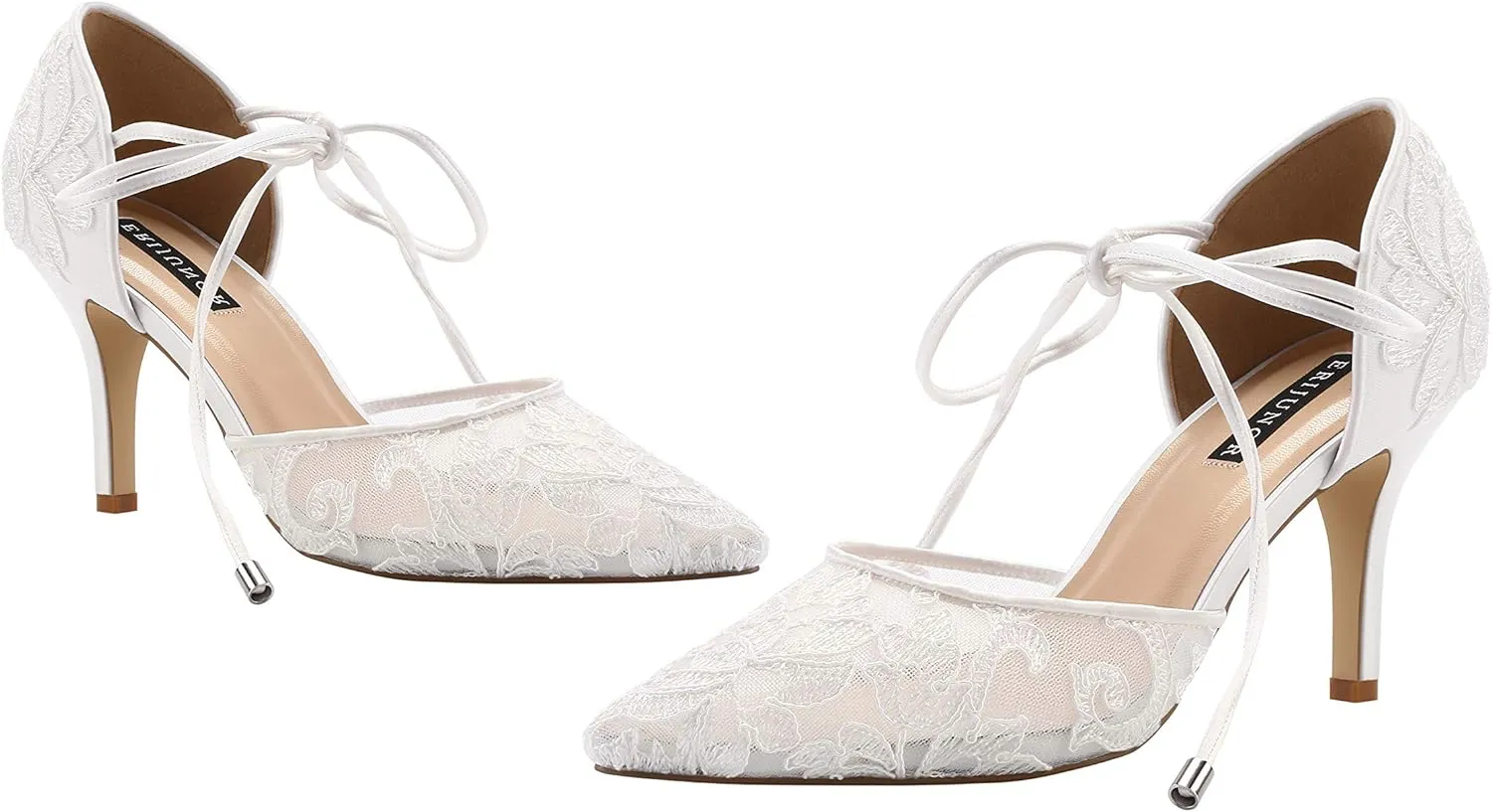 ERIJUNOR Ivory Lace Mesh Satin Bridal Wedding Shoes for Women Comfortable Mid Heel Tie Up Ankle Strap Pointy Toe Pumps