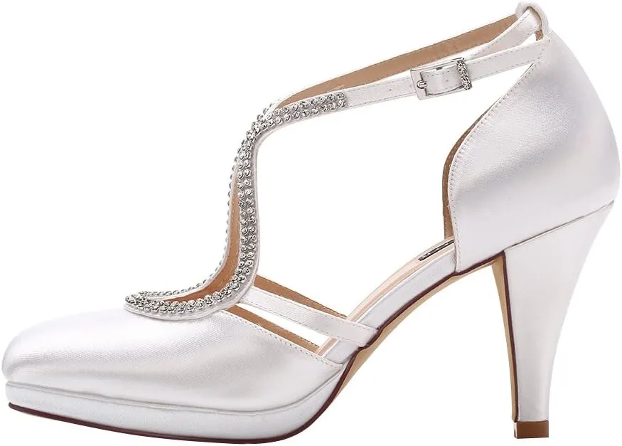ERIJUNOR Women Comfort Low Heel Closed-Toe Ankle Strap Platform Satin Bridal Wedding Shoes