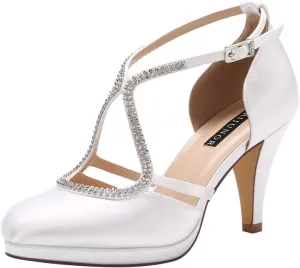 ERIJUNOR Women Comfort Low Heel Closed-Toe Ankle Strap Platform Satin Bridal Wedding Shoes