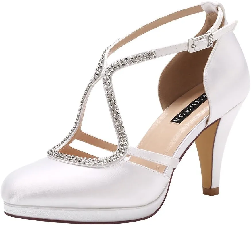 ERIJUNOR Women Comfort Low Heel Closed-Toe Ankle Strap Platform Satin Bridal Wedding Shoes