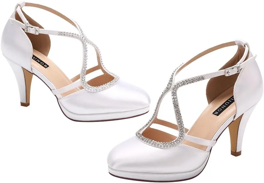 ERIJUNOR Women Comfort Low Heel Closed-Toe Ankle Strap Platform Satin Bridal Wedding Shoes