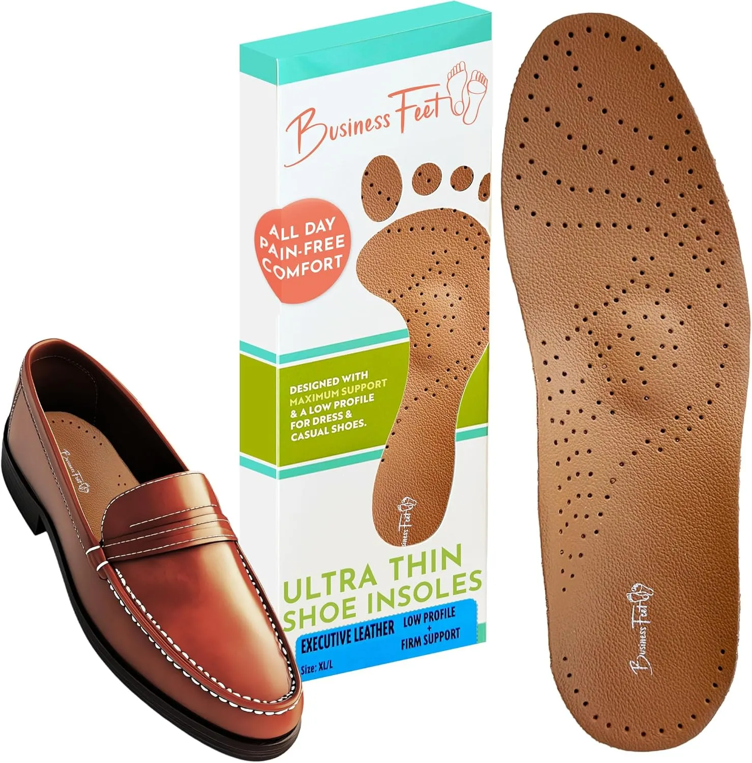 Executive Leather Ultra Thin Shoe Insoles Men & Shoe Inserts for Women. Cow Leather Arch Support Insoles That Don't Crowd Toe Box. Best Shoe Insoles for Dress Shoes Orthotic Inserts Foam Heel Pads S