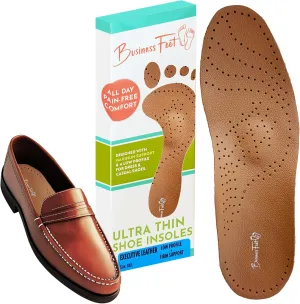 Executive Leather Ultra Thin Shoe Insoles Men & Shoe Inserts for Women. Cow Leather Arch Support Insoles That Don't Crowd Toe Box. Best Shoe Insoles for Dress Shoes Orthotic Inserts Foam Heel Pads S