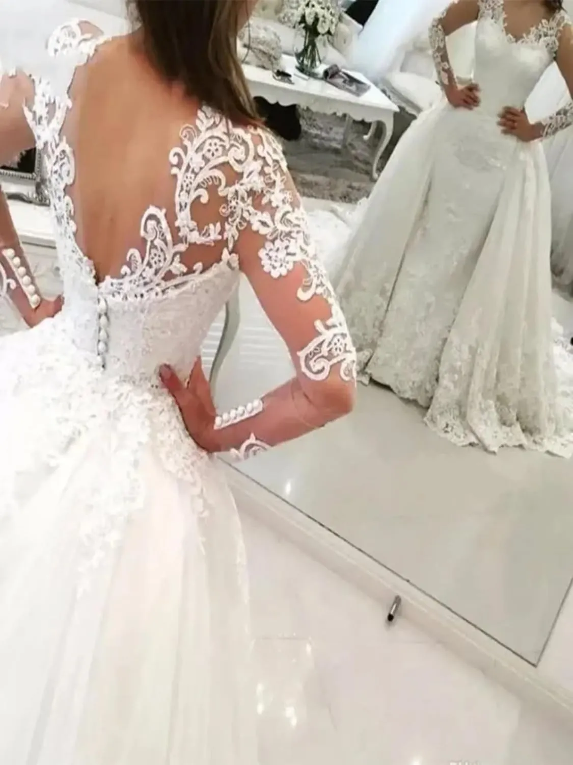 Fair Lady Illusion Vintage Lace Long Sleeve Wedding Dress for Bride 2024 Beads Mermaid Bridal Dresses Detachable Train