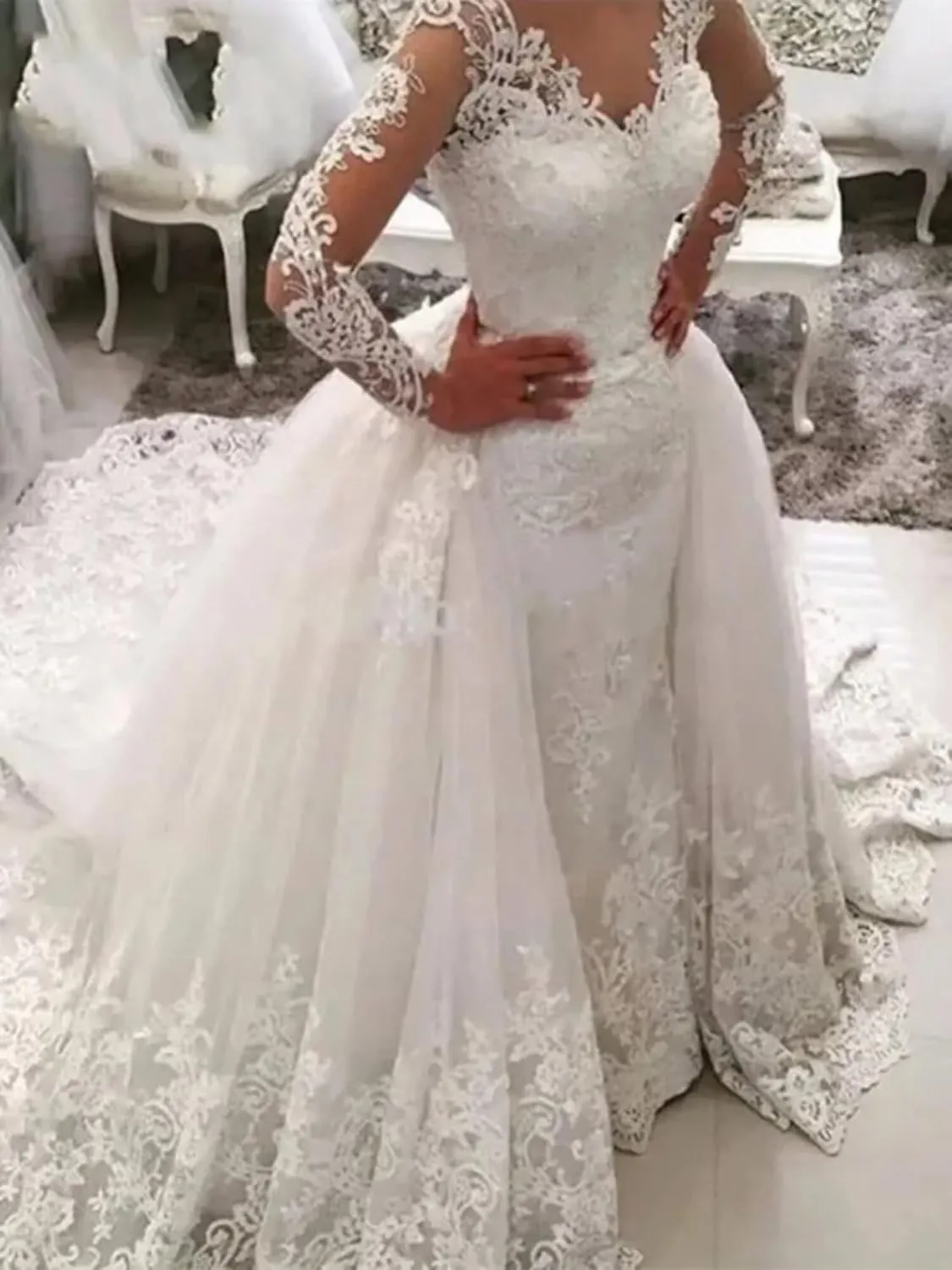 Fair Lady Illusion Vintage Lace Long Sleeve Wedding Dress for Bride 2024 Beads Mermaid Bridal Dresses Detachable Train