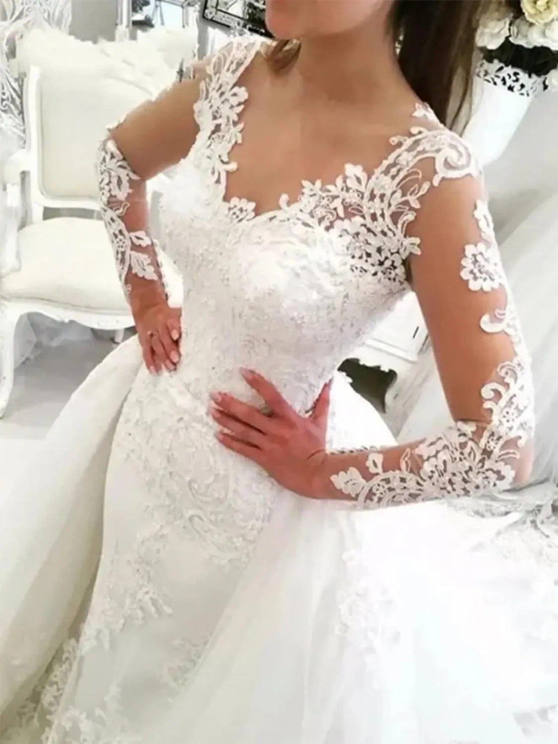 Fair Lady Illusion Vintage Lace Long Sleeve Wedding Dress for Bride 2024 Beads Mermaid Bridal Dresses Detachable Train
