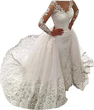 Fair Lady Illusion Vintage Lace Long Sleeve Wedding Dress for Bride 2024 Beads Mermaid Bridal Dresses Detachable Train