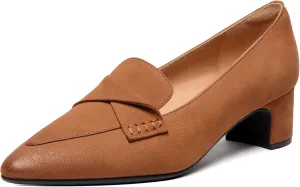FEMSTEP Womens Pointed Toe Slip On Business Matte Leather Formal Chunky Low Heel Loafers Shoes 1.5 Inch