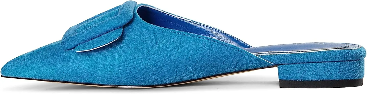 Fericzot Mule Slippers for Women,Slingback Buckle Flat Pointed Toe Backless Mule Slides Suede Slip On Loafers