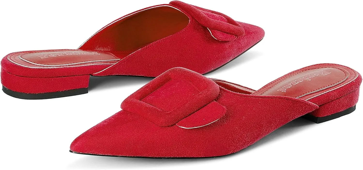 Fericzot Mule Slippers for Women,Slingback Buckle Flat Pointed Toe Backless Mule Slides Suede Slip On Loafers