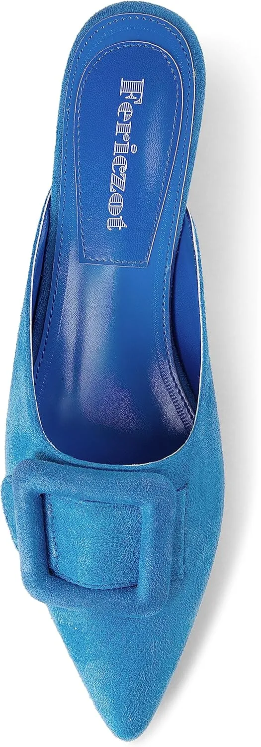 Fericzot Mule Slippers for Women,Slingback Buckle Flat Pointed Toe Backless Mule Slides Suede Slip On Loafers