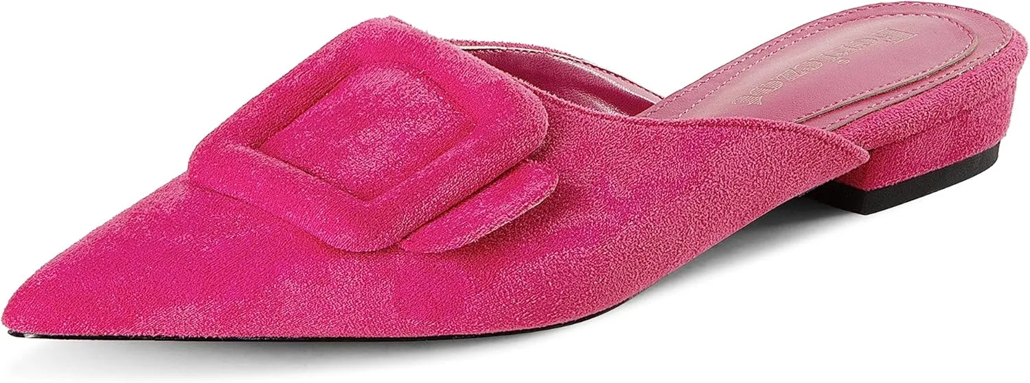 Fericzot Mule Slippers for Women,Slingback Buckle Flat Pointed Toe Backless Mule Slides Suede Slip On Loafers