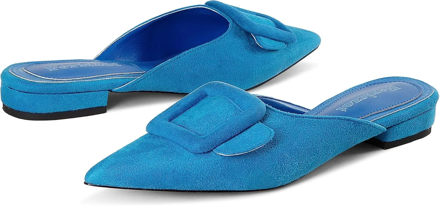 Fericzot Mule Slippers for Women,Slingback Buckle Flat Pointed Toe Backless Mule Slides Suede Slip On Loafers
