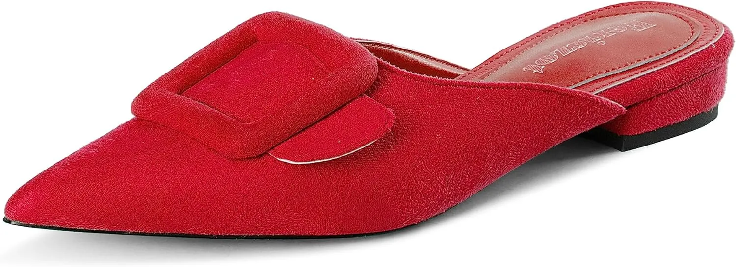 Fericzot Mule Slippers for Women,Slingback Buckle Flat Pointed Toe Backless Mule Slides Suede Slip On Loafers