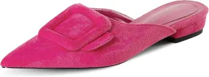 Fericzot Mule Slippers for Women,Slingback Buckle Flat Pointed Toe Backless Mule Slides Suede Slip On Loafers