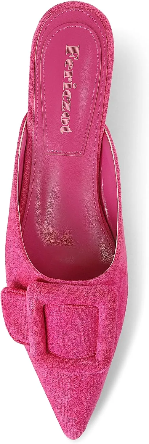 Fericzot Mule Slippers for Women,Slingback Buckle Flat Pointed Toe Backless Mule Slides Suede Slip On Loafers
