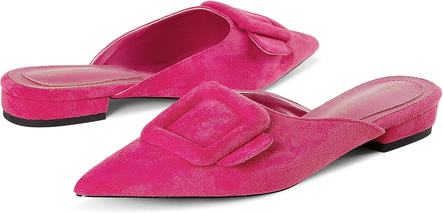 Fericzot Mule Slippers for Women,Slingback Buckle Flat Pointed Toe Backless Mule Slides Suede Slip On Loafers