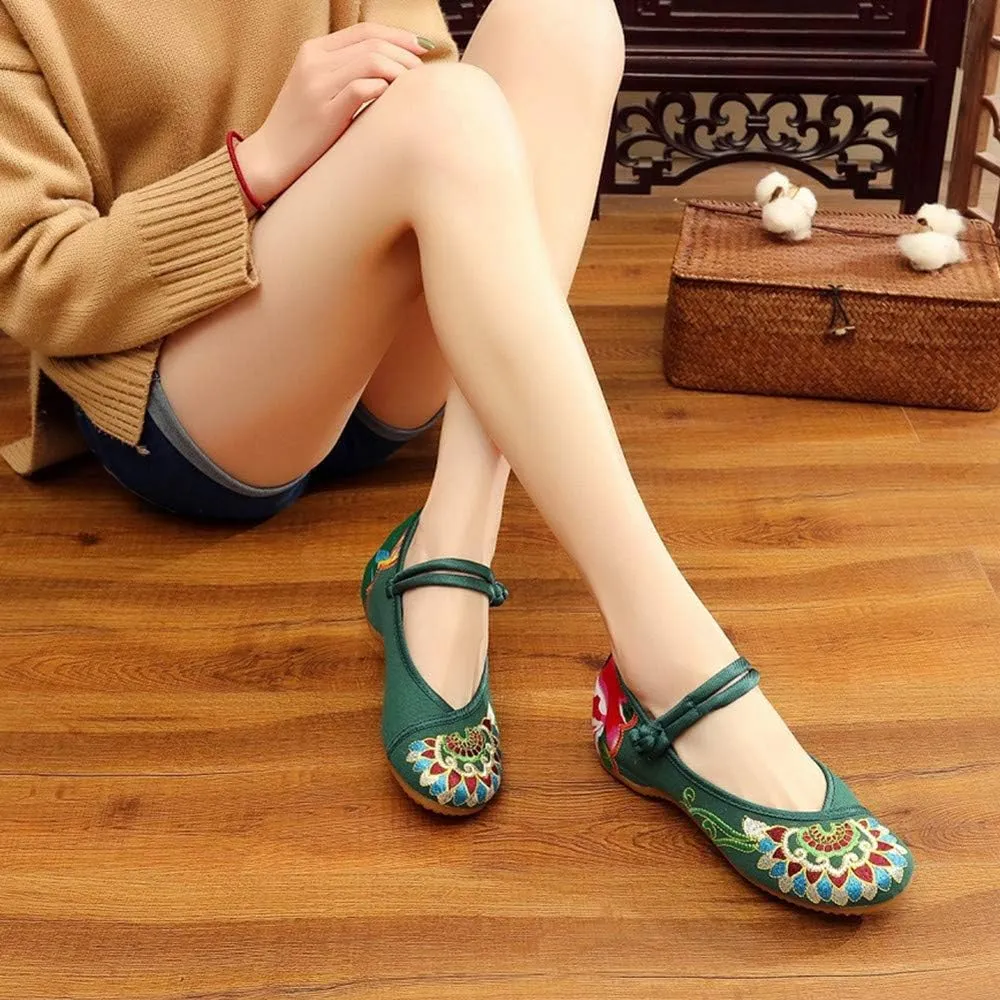 Floral Handmade Embroidered Shoes for Women Comfortable Loafer Black Casual Round Toe Mary Jane Ballet Flats Shoes