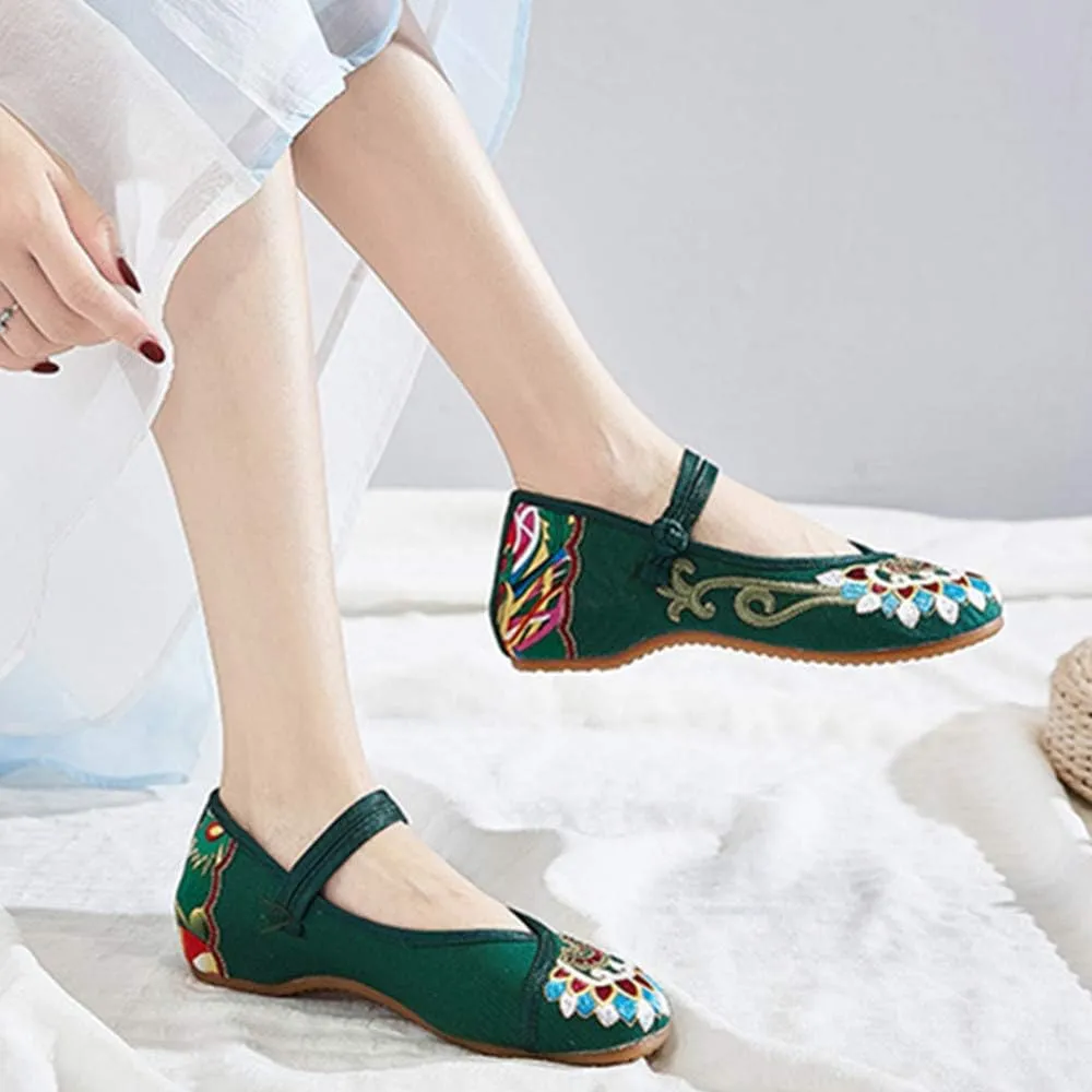 Floral Handmade Embroidered Shoes for Women Comfortable Loafer Black Casual Round Toe Mary Jane Ballet Flats Shoes