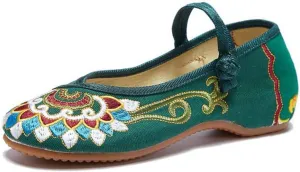 Floral Handmade Embroidered Shoes for Women Comfortable Loafer Black Casual Round Toe Mary Jane Ballet Flats Shoes