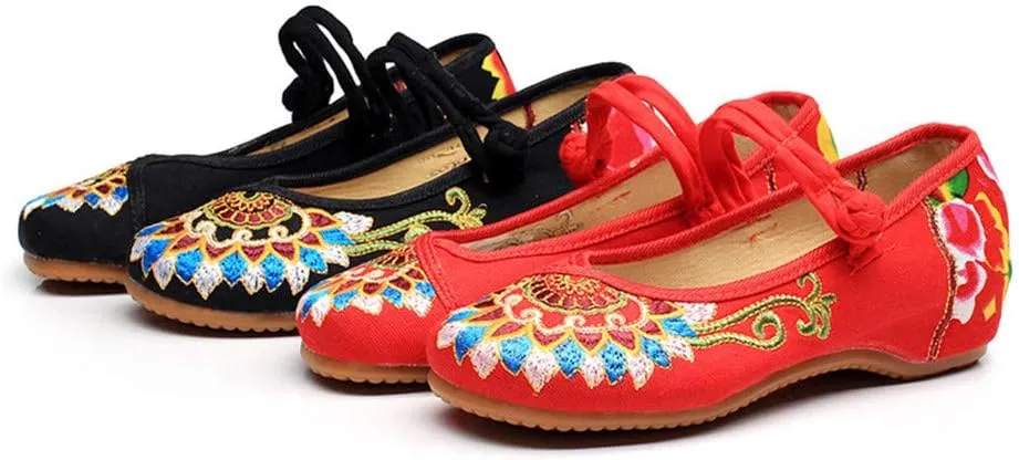 Floral Handmade Embroidered Shoes for Women Comfortable Loafer Black Casual Round Toe Mary Jane Ballet Flats Shoes