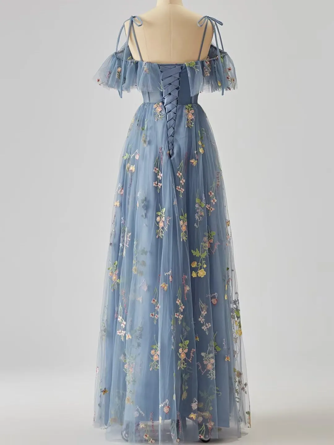 Flower Embroidery Tulle Prom Dresses for Women Spaghetti Straps Ruffle Long Formal Evening Party Gown