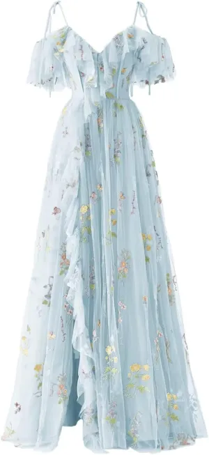 Flower Embroidery Tulle Prom Dresses for Women Spaghetti Straps Ruffle Long Formal Evening Party Gown