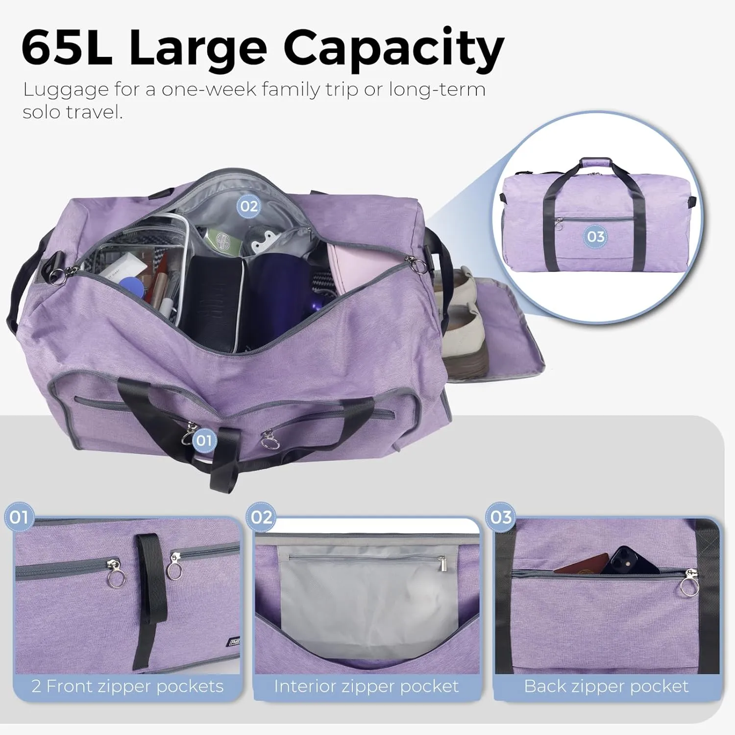 Fmeida 65L Duffle Bag with Shoes Compartment, Foldable Travel Duffel Bags for Men Women, Large Packable Travel Bag Water Repellent & Tear Resistant (Purple)