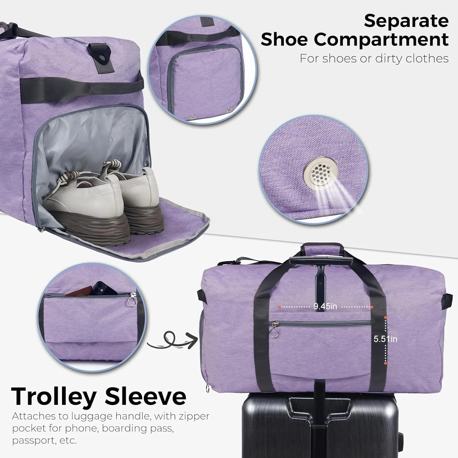 Fmeida 65L Duffle Bag with Shoes Compartment, Foldable Travel Duffel Bags for Men Women, Large Packable Travel Bag Water Repellent & Tear Resistant (Purple)