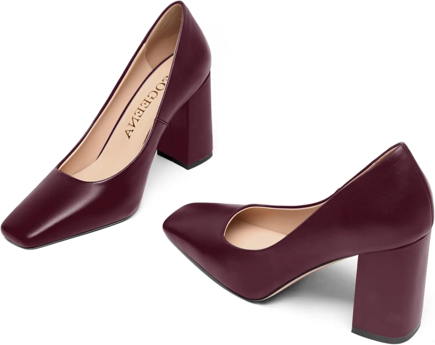 FOGEENA Womens Casual Square Toe Business Slip On Matte Leather Block High Heel Pumps Shoes 3.34 Inch