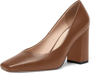 FOGEENA Womens Casual Square Toe Business Slip On Matte Leather Block High Heel Pumps Shoes 3.34 Inch