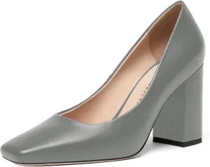 FOGEENA Womens Casual Square Toe Business Slip On Matte Leather Block High Heel Pumps Shoes 3.34 Inch