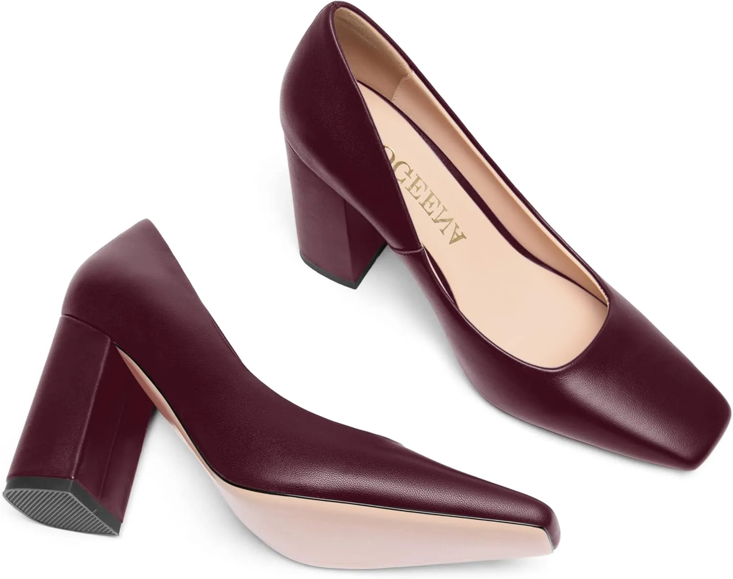 FOGEENA Womens Casual Square Toe Business Slip On Matte Leather Block High Heel Pumps Shoes 3.34 Inch