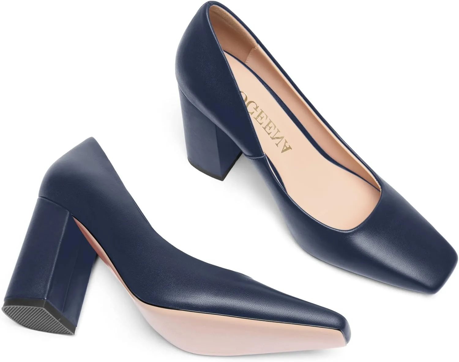 FOGEENA Womens Casual Square Toe Business Slip On Matte Leather Block High Heel Pumps Shoes 3.34 Inch