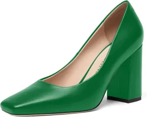 FOGEENA Womens Casual Square Toe Business Slip On Matte Leather Block High Heel Pumps Shoes 3.34 Inch