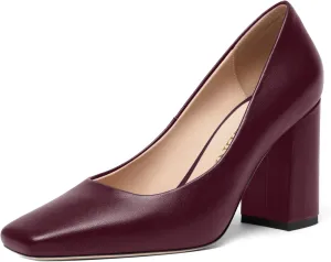 FOGEENA Womens Casual Square Toe Business Slip On Matte Leather Block High Heel Pumps Shoes 3.34 Inch