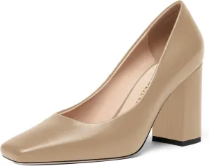 FOGEENA Womens Casual Square Toe Business Slip On Matte Leather Block High Heel Pumps Shoes 3.34 Inch