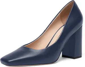 FOGEENA Womens Casual Square Toe Business Slip On Matte Leather Block High Heel Pumps Shoes 3.34 Inch
