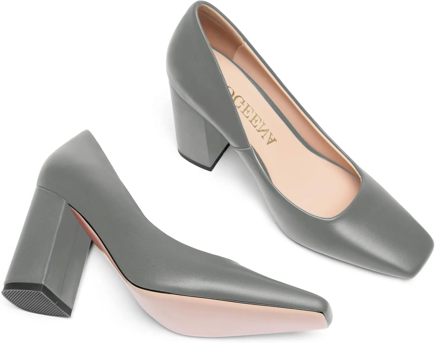 FOGEENA Womens Casual Square Toe Business Slip On Matte Leather Block High Heel Pumps Shoes 3.34 Inch