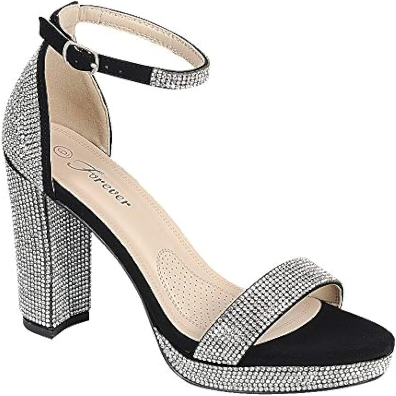 Forever Link Women's Rhinestones Ankle Strap Platform High Chunky Heels Party Sandal Pumps (Black, numeric_7_point_5)