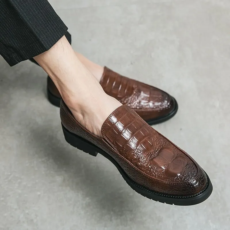 Formal Oxford Shoes for Men Slip On Round Burnished Toe Crocodile Print Apron Toe Rubber Sole Resistant Non Slip Block Heel Low Top Outdoor