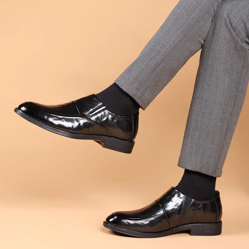 Formal Shoes for Men Slip On Pointed Burnished Toe Leather Apron Toe Slip Resistant Rubber Sole Non Slip Low Top Block Heel Outdoor