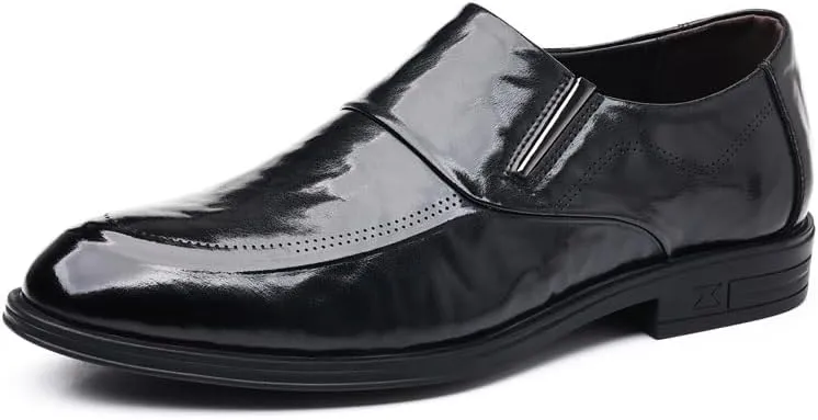 Formal Shoes for Men Slip On Pointed Burnished Toe Leather Apron Toe Slip Resistant Rubber Sole Non Slip Low Top Block Heel Outdoor