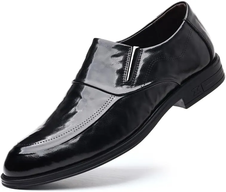 Formal Shoes for Men Slip On Pointed Burnished Toe Leather Apron Toe Slip Resistant Rubber Sole Non Slip Low Top Block Heel Outdoor