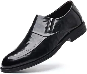 Formal Shoes for Men Slip On Pointed Burnished Toe Leather Apron Toe Slip Resistant Rubber Sole Non Slip Low Top Block Heel Outdoor