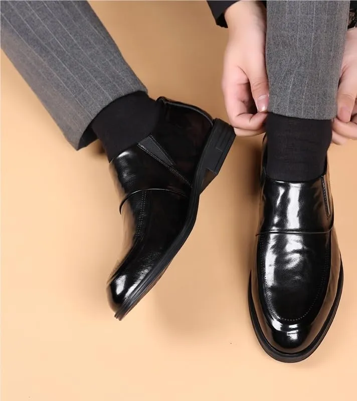 Formal Shoes for Men Slip On Pointed Burnished Toe Leather Apron Toe Slip Resistant Rubber Sole Non Slip Low Top Block Heel Outdoor